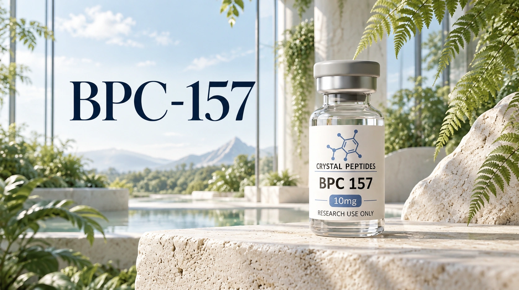 BPC-157 research vial beside the embedded BPC-157 cover title in a bright mountain-view interior.