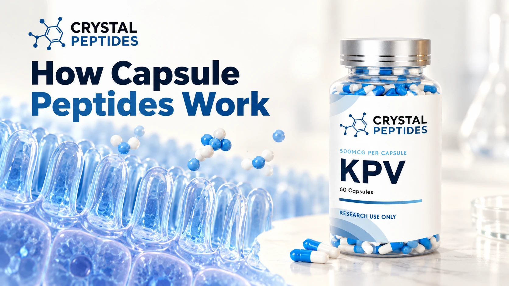 Φιαλίδιο καψουλών KPV της Crystal Peptides δίπλα σε σχηματική απεικόνιση μιας εντερικής επιφάνειας.