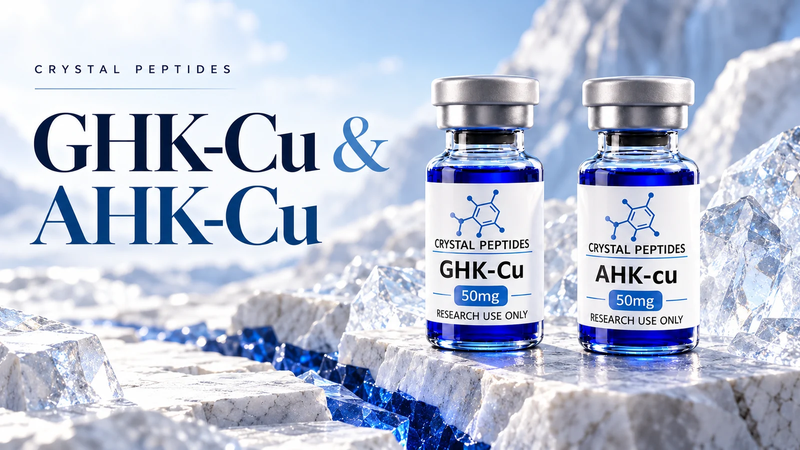 Εκδοτική απεικόνιση προϊόντος: GHK-Cu / AHK-Cu — Crystal Peptides.