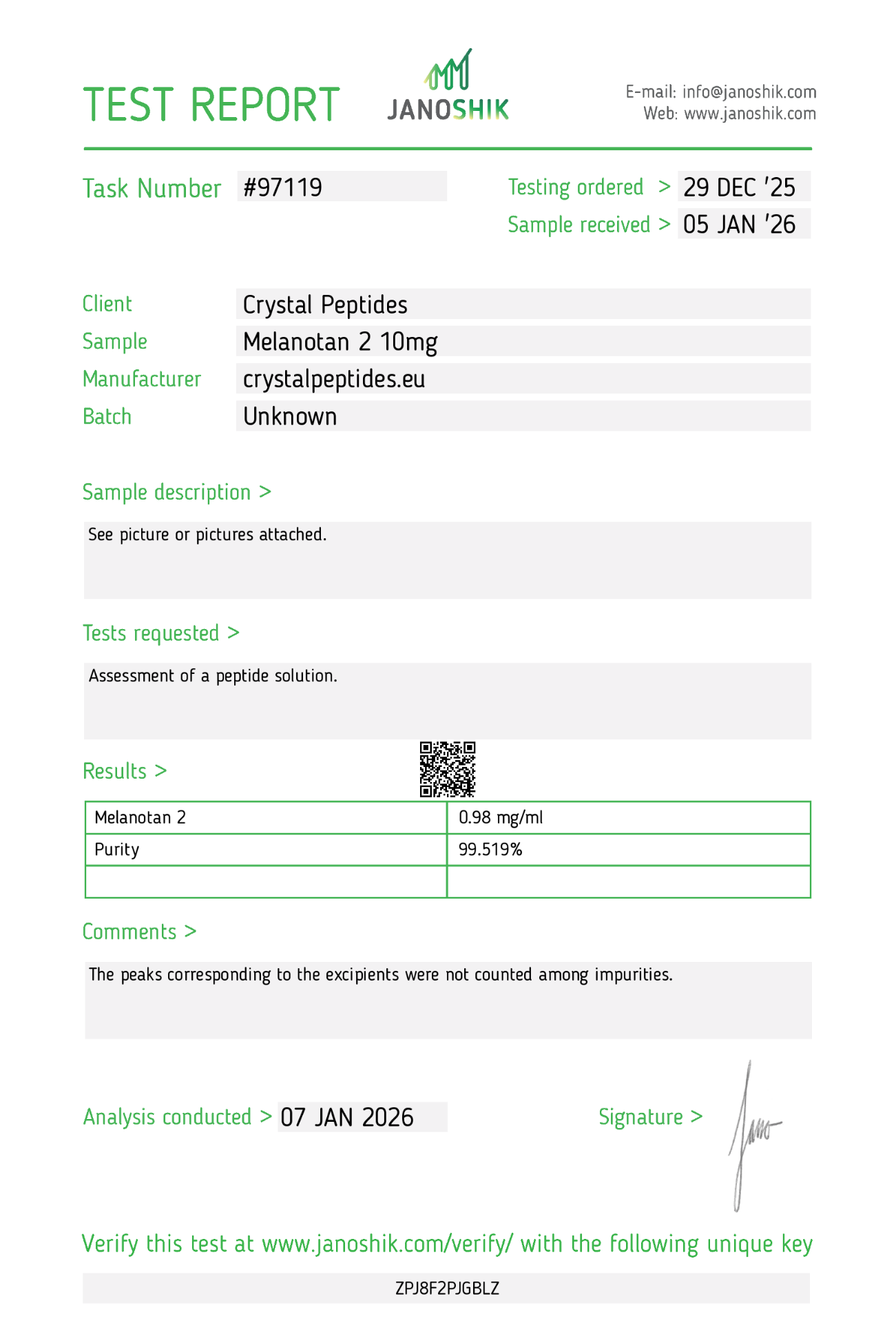 MT-2 (10mg/10ml) Purity & Identity Εργαστηριακή Ανάλυση